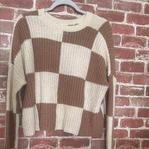 Checkered Knit Sweater - Cream and Brown